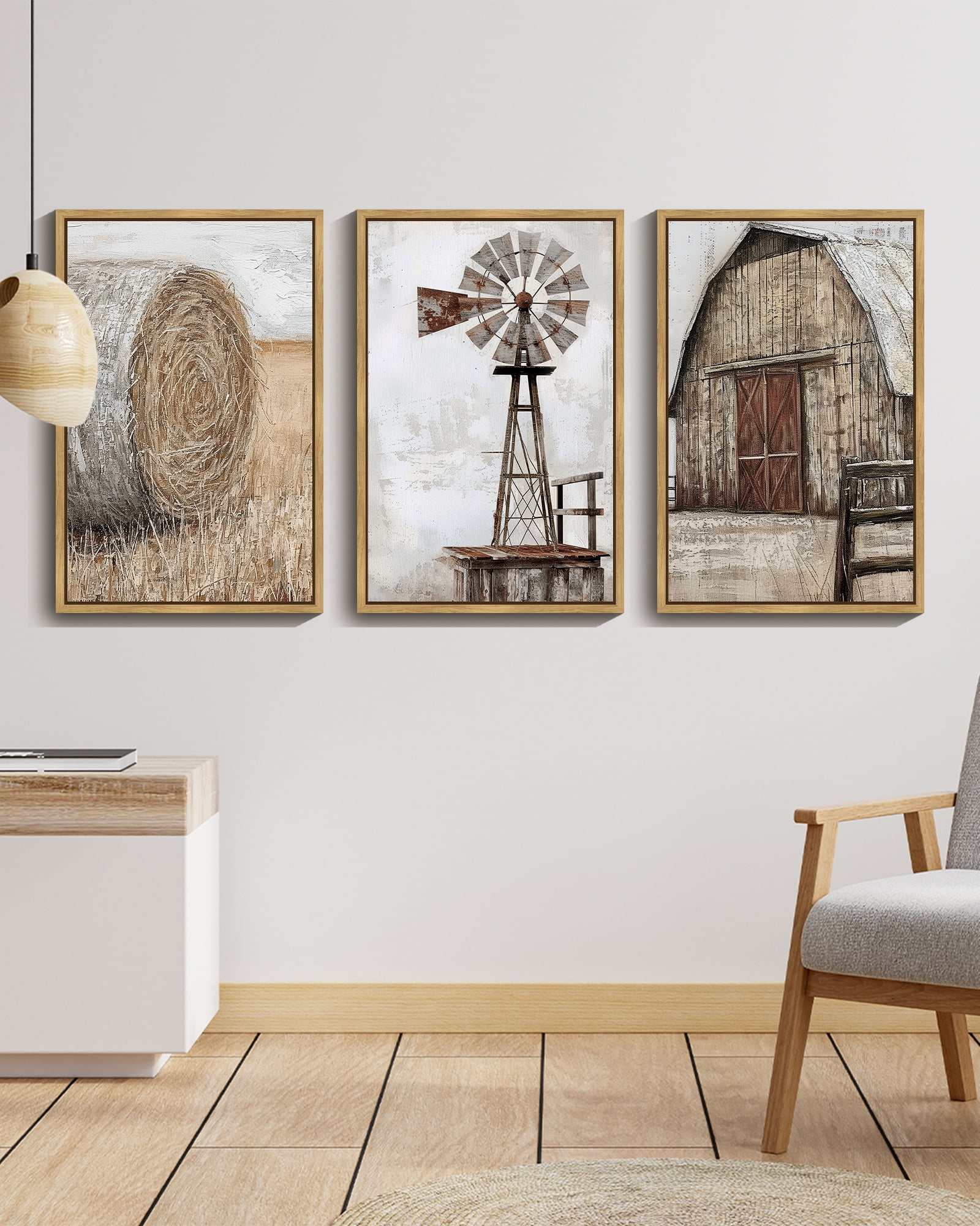 16x24in Natural Framed Farmhouse Wall Art Vintage Rustic Windmill Barn Cornfield Pictures Framed Painting Landscape Countryside Rural
