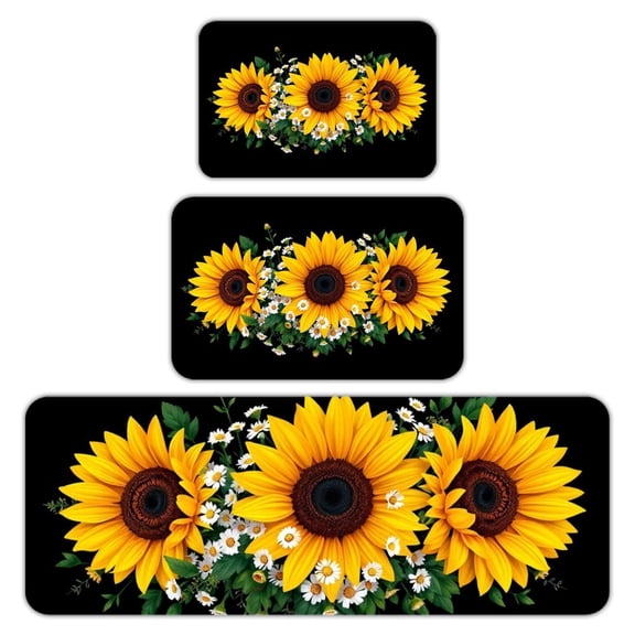 RKSupls Kitchen Rug Set 3 Piece Anti-Slip Flannel Floor Mats, Sunflower Bouquet Art Washable Absorbent Runner Mats for Kitchen Bathroom Home Decor