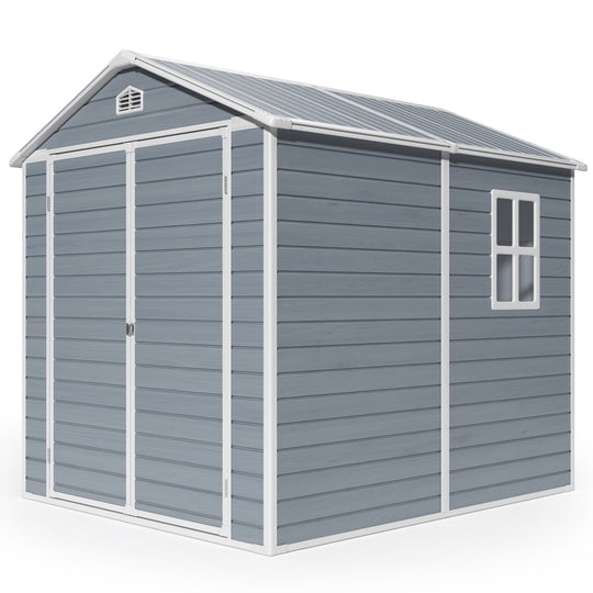 Aiho 8'x6' Outdoor Plastic Storage Shed with  Window, Weather -Resistant, Easy Assembly, Wood-Effect Garden Tool House - Light Gray