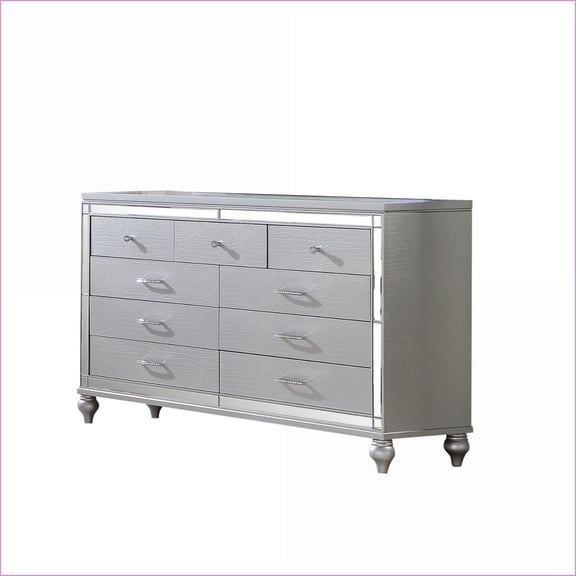 Dressers, Sterling 6-Drawer Wood Dresser with Mirror Frame & Diamond Pulls, Silver | Silver | Wood