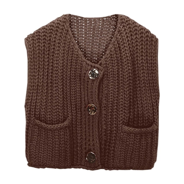 Women's Sleeveless Knit Cardigan Vest Solid Color Short Length Front Button Pocket Style
