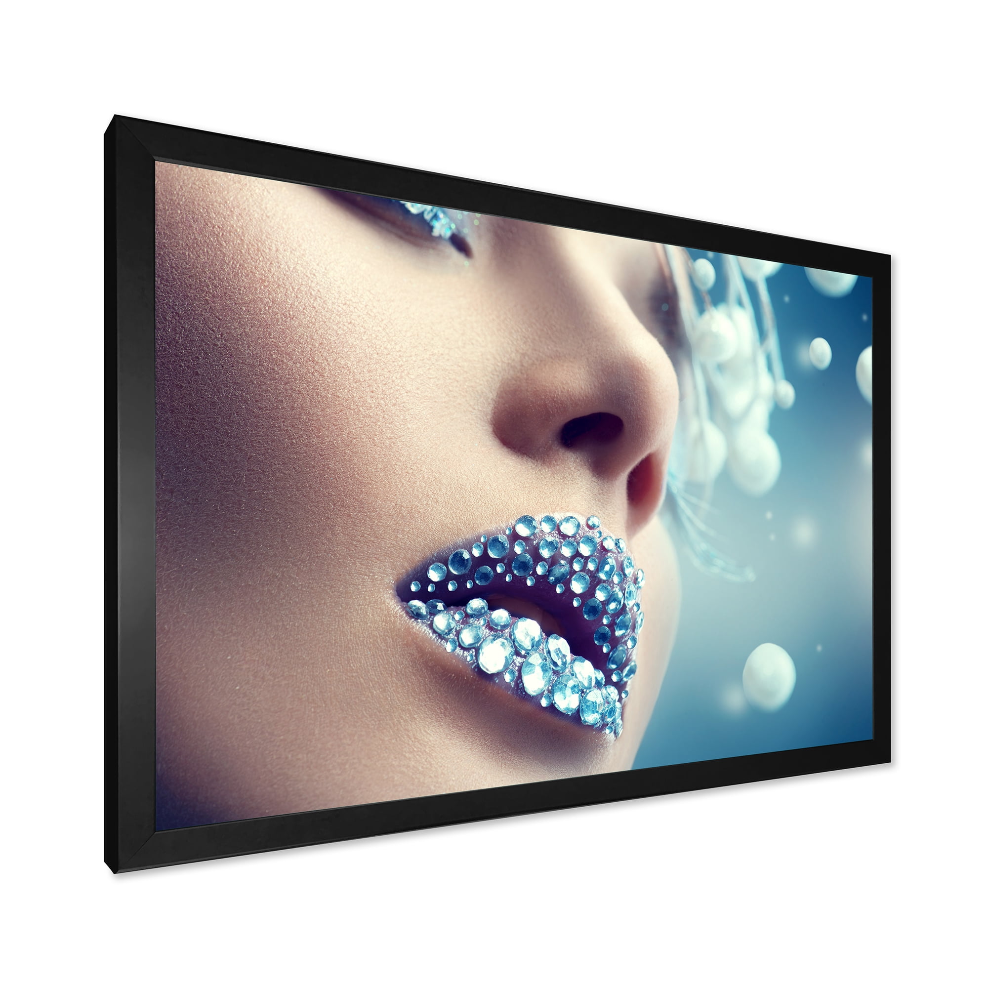 Designart 'Close-Up Of Gems On Female Lips' Modern Framed Art Print