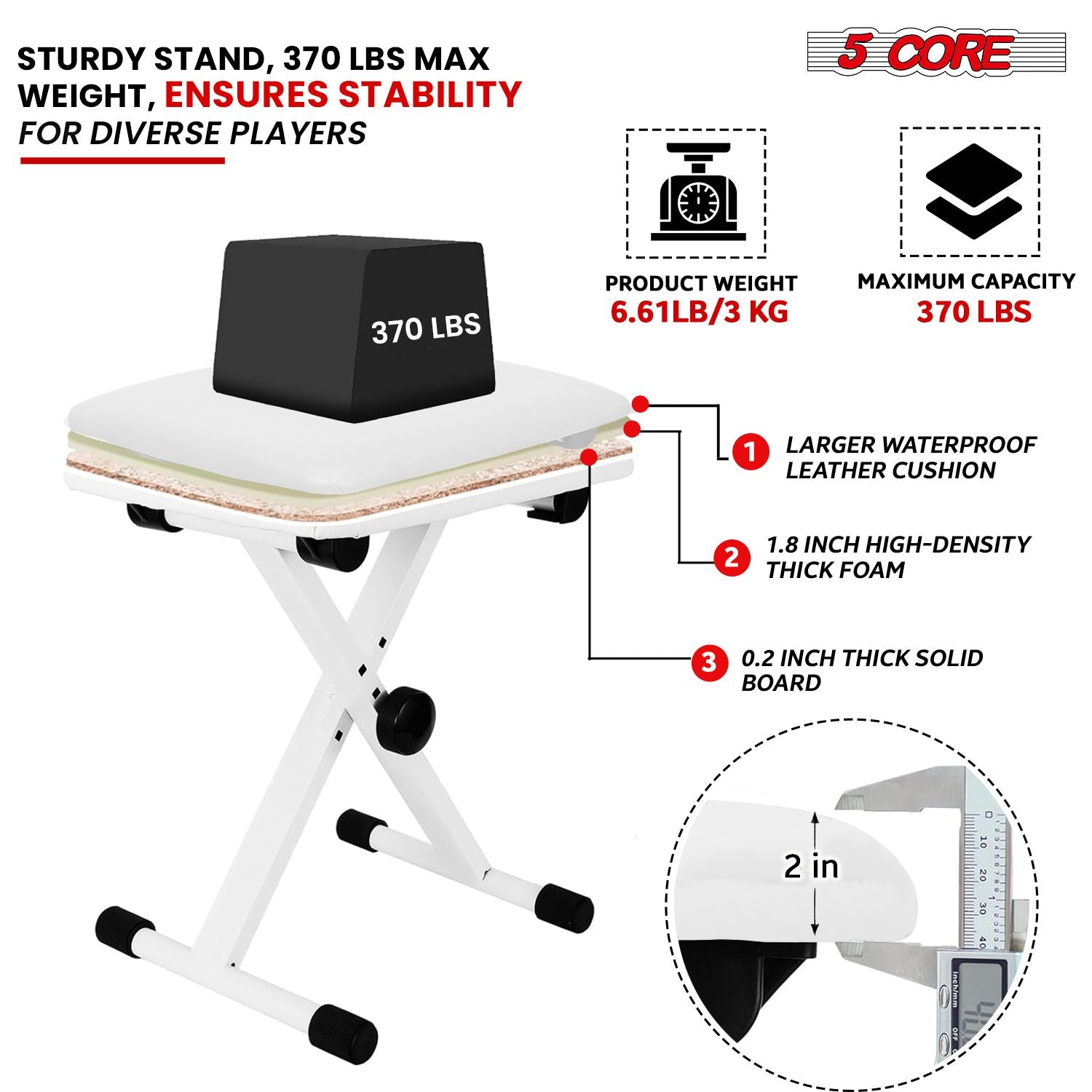 5 Core Keyboard Bench 2 Inch Padded Cushioned Piano Stool Height Adjustable Guitar Seat Folding Portable Musician Chair w Nonslip Rubber Feet Black - KBB 02 BLK