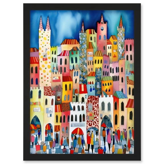 Busy Street Vertical Cityscape Folk Art Watercolour Painting Artwork Framed Wall Art Print A4