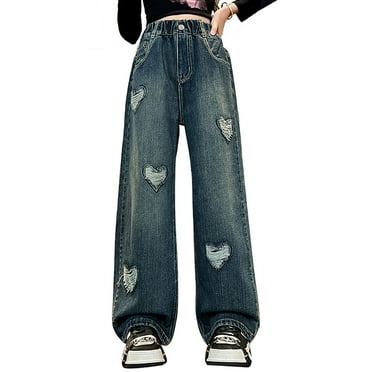 SXcggal Kids Girls Jeans Distressed Elastic Waist Baggy Denim Wide Leg Pants Trousers Cute Casual Loosw Girls And Boys Trousers