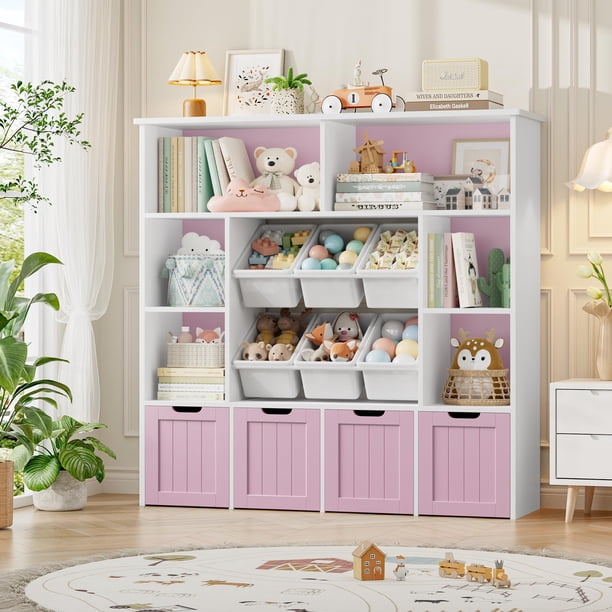 Organizador de almacenamiento de juguetes FINETONES con 6 cubos de juguetes y 4 cajones, color rosa