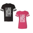thumbnail image 1 of I Like Her But His Beared Unisex Couple Matching Cotton Jersey style T-Shirt Contrasting stripes on sleeves (Men Black / Women Pink) (Men L / Women XXL), 1 of 3