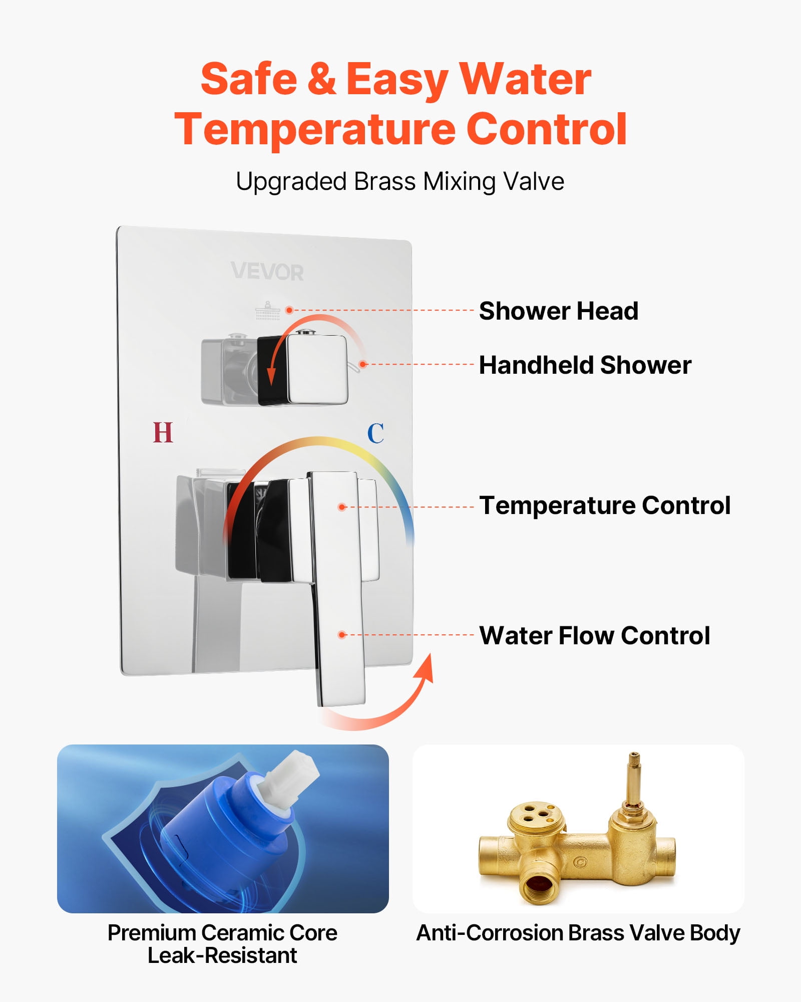 VEVOR Shower Faucet Set, Rainfall Bathroom Shower System with 10-Inch Square Rain Shower Head and Handheld Spray, Wall Mounted Bath Fixtures with Brass Valve and Trim Kit, Silver Chrome