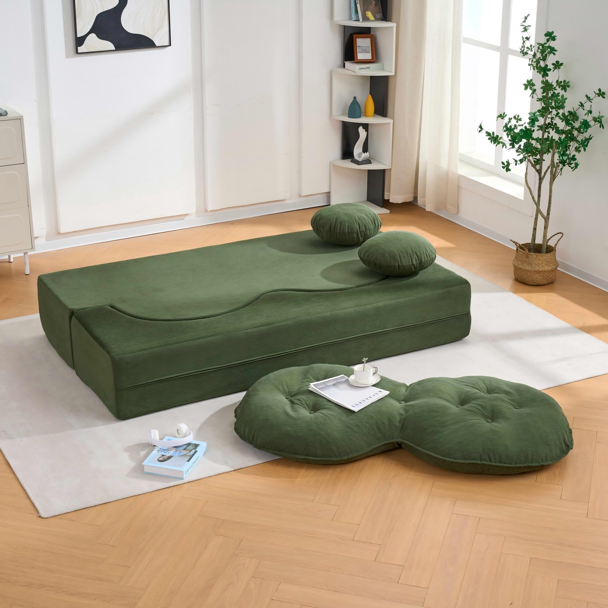 MAYEERTY 75" Convertible Corduroy Sleeper Sofa Bed, Green Foldable High Density Foam Loveseat with 2 Pillows for Living Room Bedroom Apartment