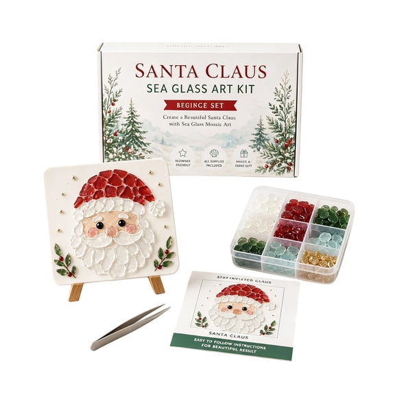 Sea Glass Kit, Christmas Crafts for Adults Kids, DIY Santa Claus Mosaic Art Supplies with Tweezers, Holiday Home Decor Gift, Creative Handmade Project