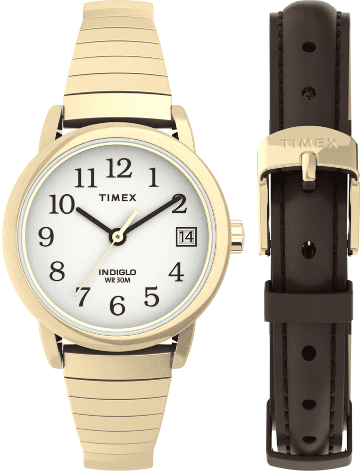 Timex Women's Easy Reader 25mm Watch Box Set – Gold-Tone Case White Dial  with Tapered Expansion Band + Brown Leather Strap 