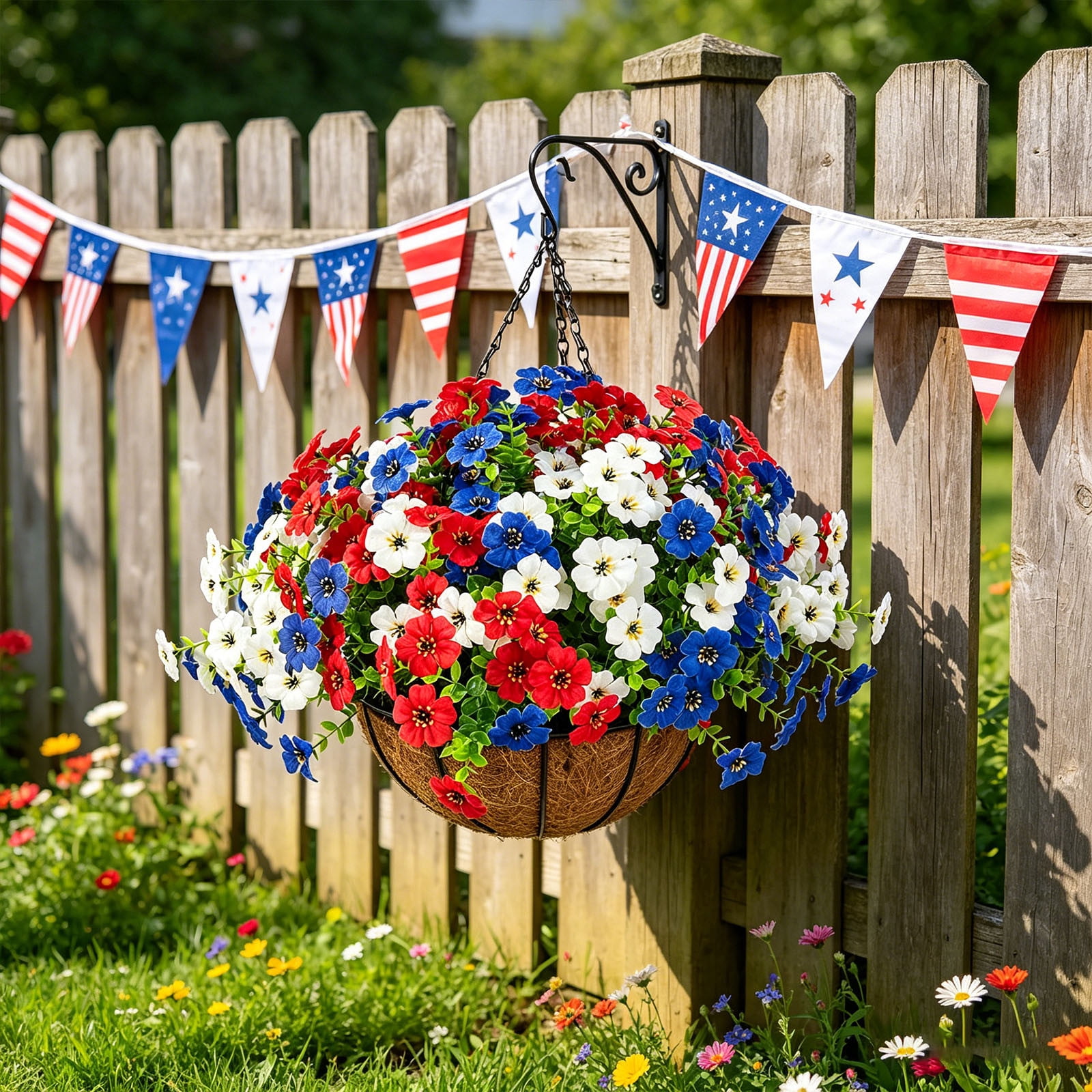 LNOGEUPG Independence Day Artificial Outdoor Flowers with Hanging Basket, 1 Hanging Planters with 12 Pcs Patriotic Flowers for Summer Front Porch Patio 4th of July Decor (Red, White, Blue)