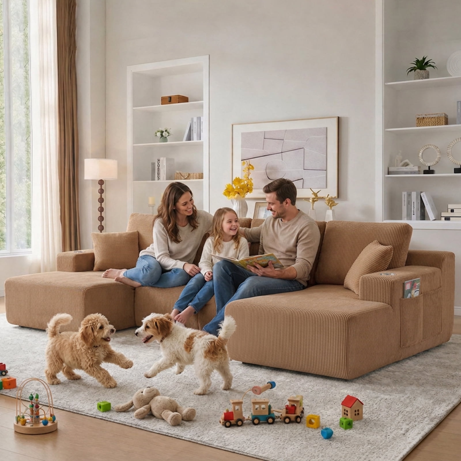 130" U-Shaped Boneless Modular Sectional Sofa with Chaise, 6 Pillows and Cup Holders