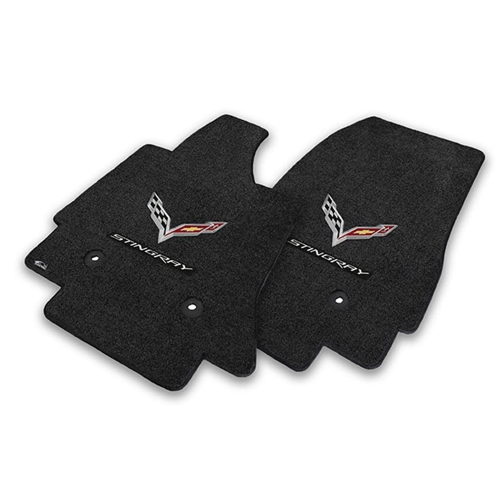 C7 Corvette Floor Mats Jet Black with Flags & Silver Stingray Script