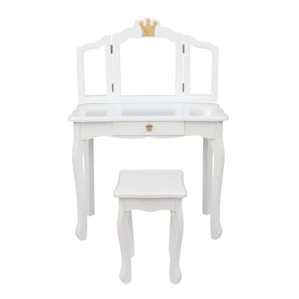 Kepooman Modern Kids Wooden Vanity Table Set with Tri-Fold Mirror & Chair, Child' s Princess Dressing Table & Stool Set, White Kepooman Modern Kids Wooden Vanity Table Set with Tri-Fold Mirror & Chair, Child' s Princess Dressing Table & Stool Set, White