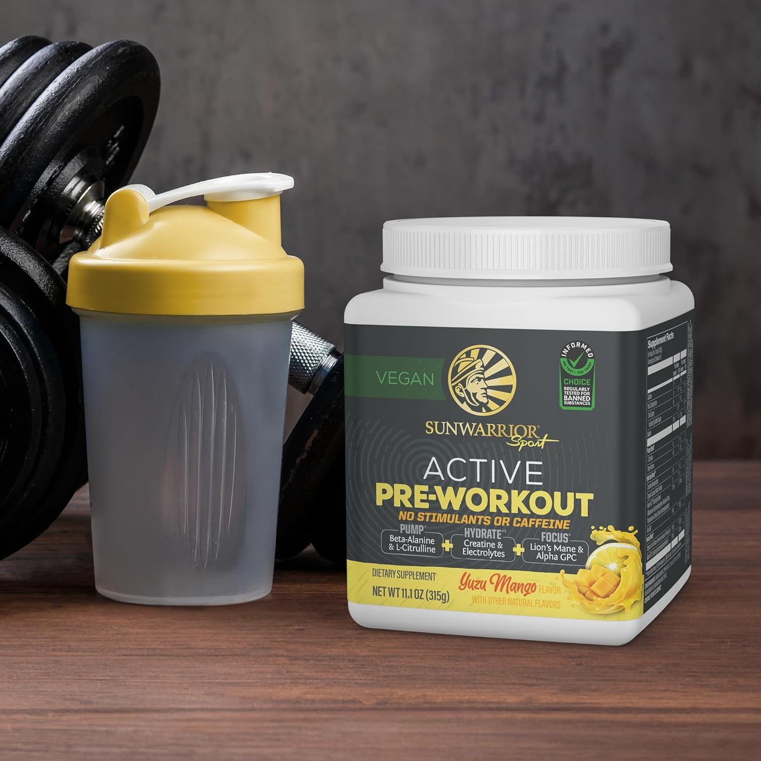 Sunwarrior Active Pre-Workout Powder for Men, Caffeine-Free, Yuzu Mango, 11.1 oz (30 Servings)
