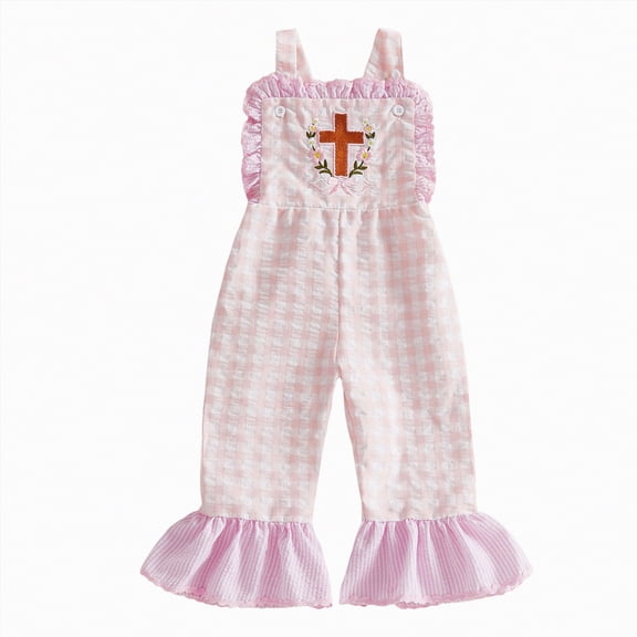 Yindaity Toddler Baby Girl Easter Outfit Overalls Easter Embroidery Romper Flare Pants Bell Bottom Jumpsuit(Red,3-4 Years)