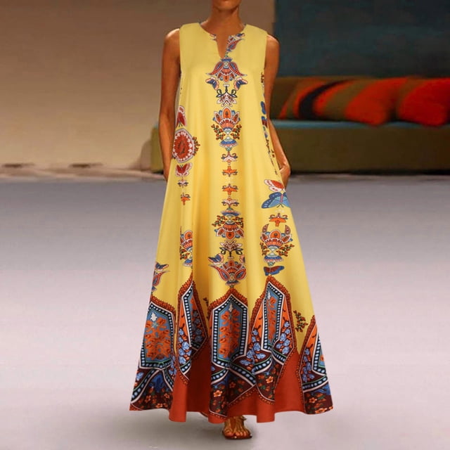 SMihono Robe d'Été Boho pour Femmes Grande Taille Femmes Vintage Quotidienne Décontractée Sans Manches Rayée Imprimée Col en V Robe Maxi d'Été