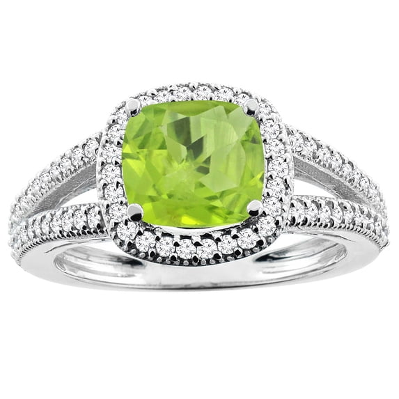 10K White Gold Natural Peridot Ring Cushion 7x7mm Diamond Accent 3/8 inch wide, size 5