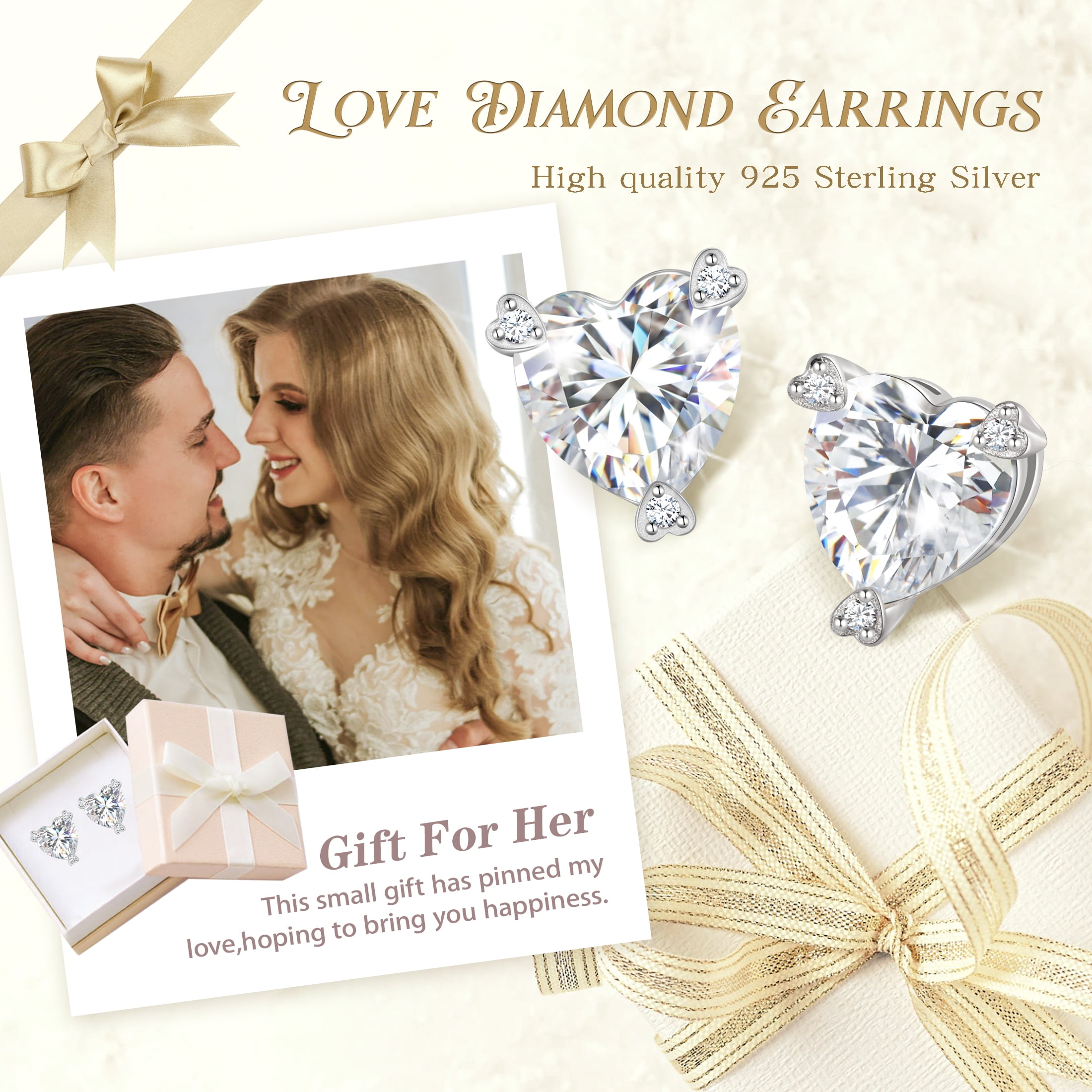 Beautlace 4 Carat Heart Moissanite Solitaire Stud Earrings,D Color VVS1 Simulated Diamond 925 Sterling Silver Earrings Jewelry Gift for Women