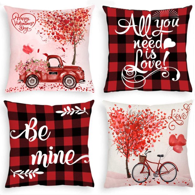 Valentín Día Decoración de almohadas Decorativas 18x18 Conjunto de 4, decoración de cuadros de búfalo regalos del día de San Valentín esquí esquí Gafas de esquí