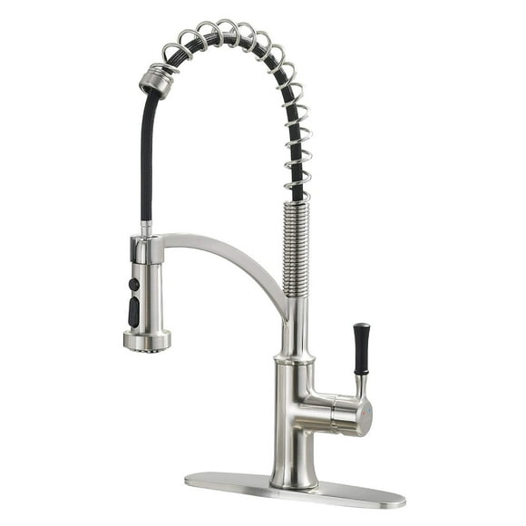 GUUKAR grifo de cocina con rociador desplegable de una sola manija de níquel cepillado de arco alto comercial granja cocina fregadero grifo con placa de cubierta