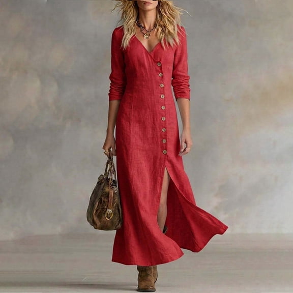Karymi Summer Dresses for Women Casual Long Sleeve Maxi Dress, V-Neck Button Front Side Slit Solid Wrap Dress, Elegant Shirt Dress Womens Dresses