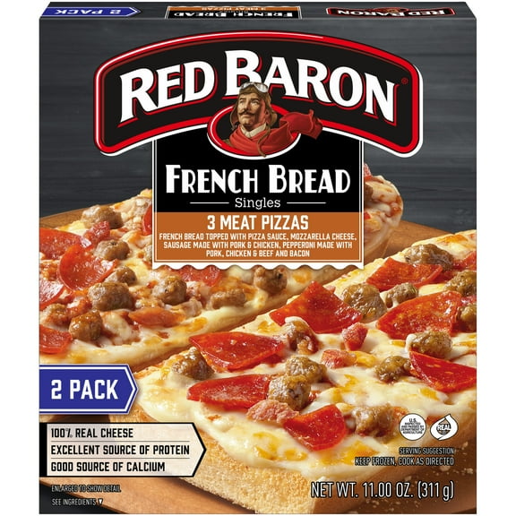 Red Baron Three Meat French Bread Personal Frozen Pizza, 11.01 oz 2 Pack
