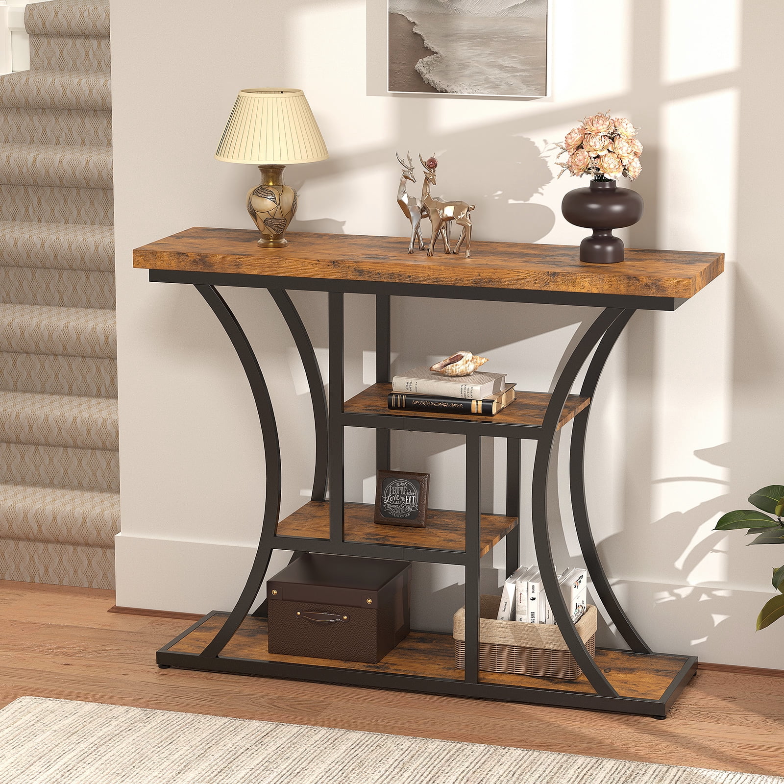 Vingud Console Table with Curved Frames and 3 Open Shelves, Entryway Table for Hallway Entrance Living Room, Rustic Brown + Black 41 inches