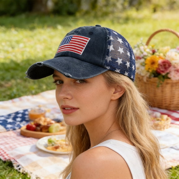 Distressed US Flag Embroidered Baseball Hat for Men Women - Vintage Patriotic American Washed Denim Baseball Cap Summer Outdoor