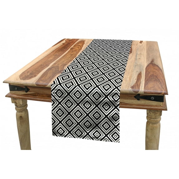 Black and White Table Runner, Abstract Rhombuses Tracery Diamond Shapes Composition in Orderly Fashion, Dining Room Kitchen Rectangular Runner, 3 Sizes, by Ambesonne