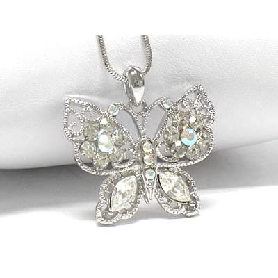 Coiled Snake Pendant - Winter Butterfly with Aurora Borealis Crystals White Gold Plated Pendant and 16