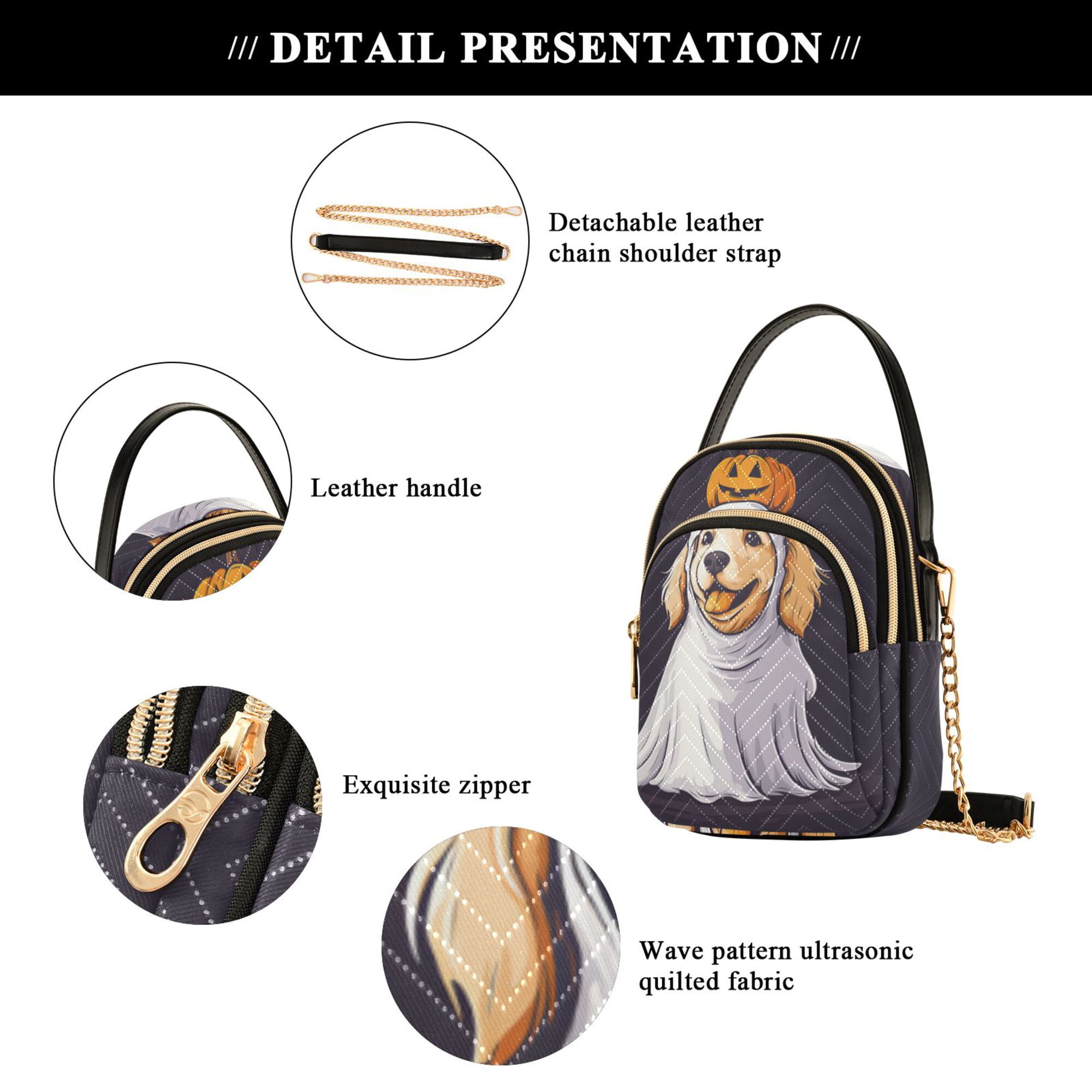 FORMRS Crossbody Bag for Women Quilted Travel Shoulder Cell Phone Purse with Chain Strap Handbag, Yellow Halloween Dog