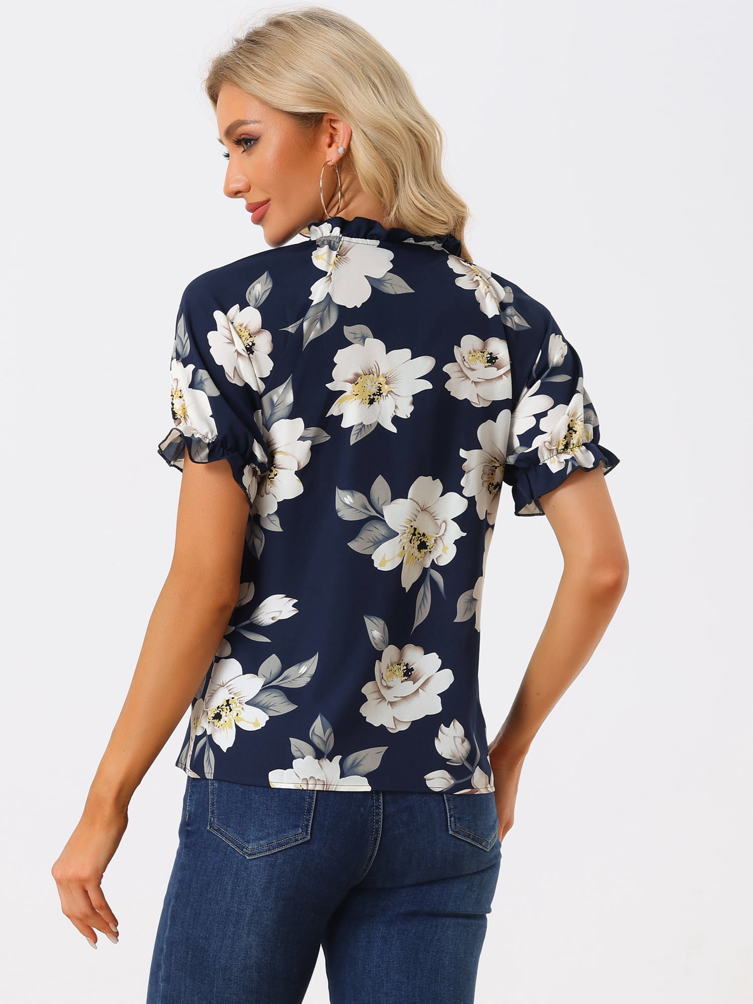 DARING DIVA Women's Floral Ruffled Neck Short Sleeves Top Blouse S Dark Blue
