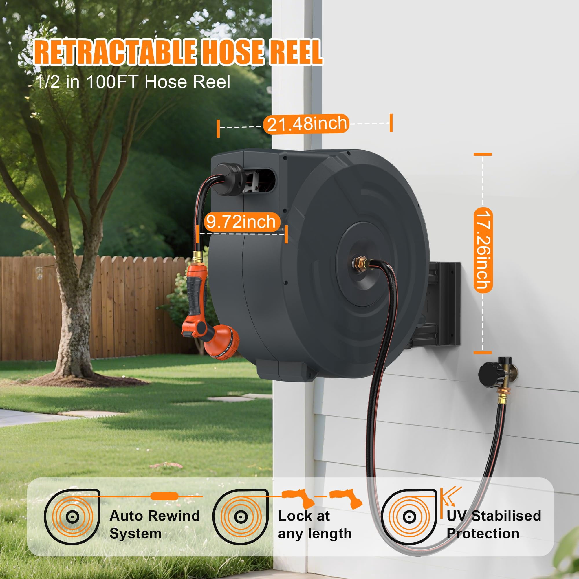 NEOTEC Retractable Garden Hose Reel 1/2 inch x 100ft - Wall Mounted Heavy Duty Hose Reel with 3/4 Inch Brass Fittings & 9-Pattern Nozzle - Auto Rewind System, Any Length Lock, 180° Swivel Bracket