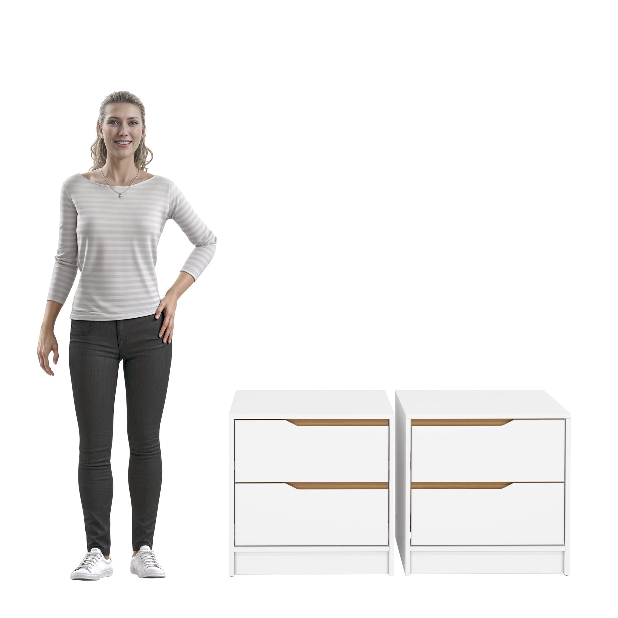 Kappesberg Brooklyn White/Golden Oak 2-Piece Nightstand Set with 2 Drawers – Compact Bedroom Storage - for Adults and Teens