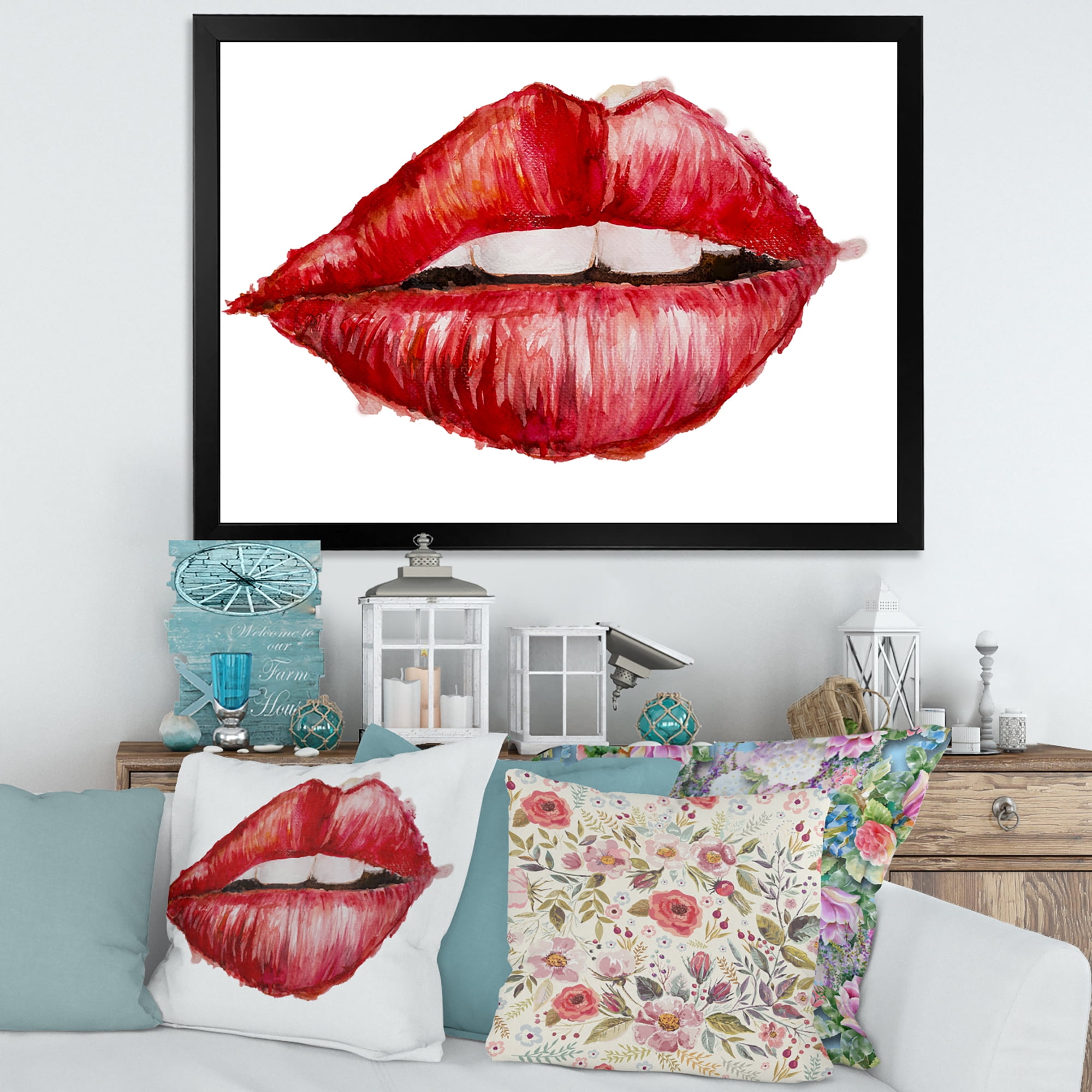 Designart 'Valentines Day Red Female Lips' Modern Framed Art Print