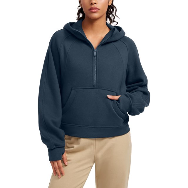 Chandail à Capuche à Fermeture à Glissière Doublé Polaire pour Femmes Chandail Oversize Manches Longues Décontracté avec Trous pour les Pouces