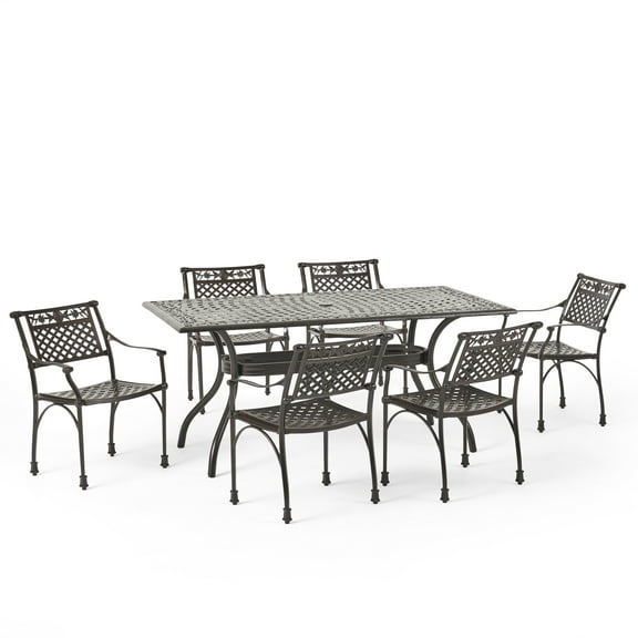 Brendan Traditional Outdoor Aluminum 7 Piece Dining Set, Hammered Bronze