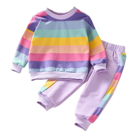 

2-8Y Kids Girls 2 Piece Outfits Rainbow Sweatshirts Top + Casual Pants Sports Tracksuits Set