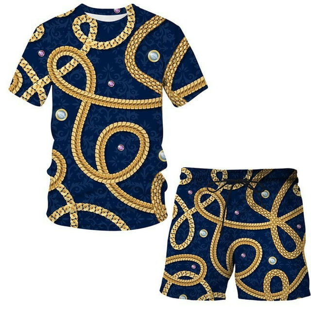 Outfits for Men 2 Piece Sets,Fashion Summer Gold Chain 3D Digital