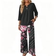 thumbnail image 4 of Two Piece Sets For Women,V Neck 3/4 Sleeve Button Shirts & Printed Wide Leg Long Pants Outfits,Fashion Travel Outfits For Women Holiday Wear, 4 of 6