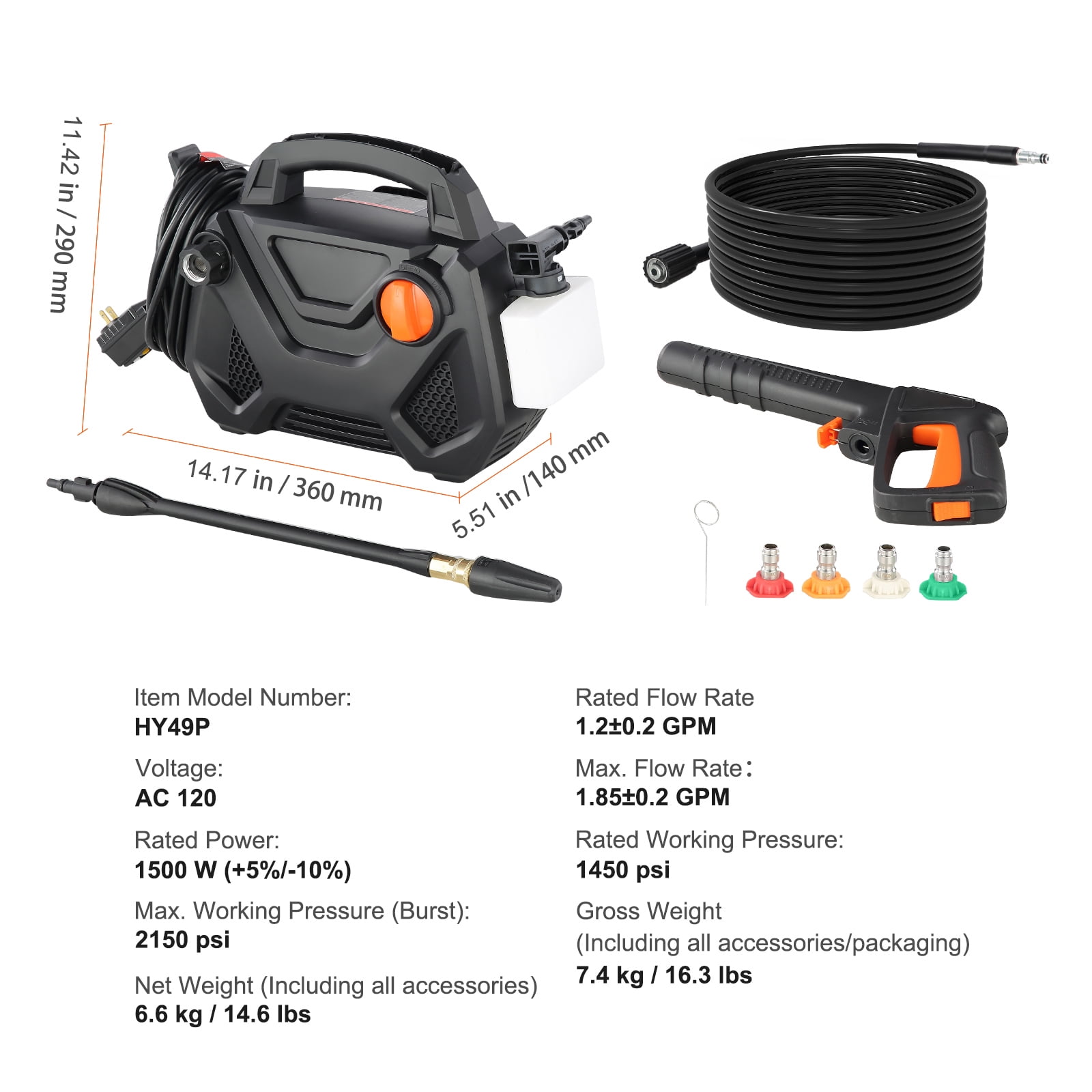 BENTISM 2150 PSI at 1.85 GPM Electric Cold Water Pressure Washer, Built-in Storage for Nozzles