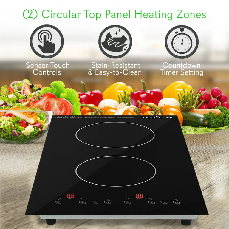 Nutrichef Induction Cooktop - 2 Glass Induction Burner Zones - Adjustable  Temperature Settings - 1800W Electric Induction Cooker - Digital Touch