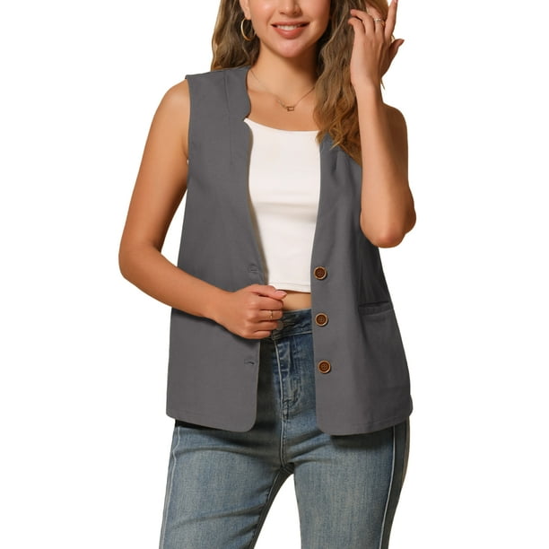INSPIRAR CHIC Tapa sin mangas de botón para mujer, de algodón y lino, con cuello en V, chaleco casual, XS, gris oscuro