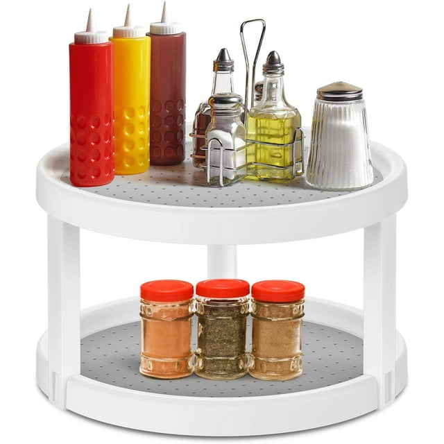 Especiero giratorio 2 en 1 hecho de plástico libre de BPA Especiero giratorio de doble capa con 2 estantes giratorios para cocina, baño, almacenamiento, tarro de especias