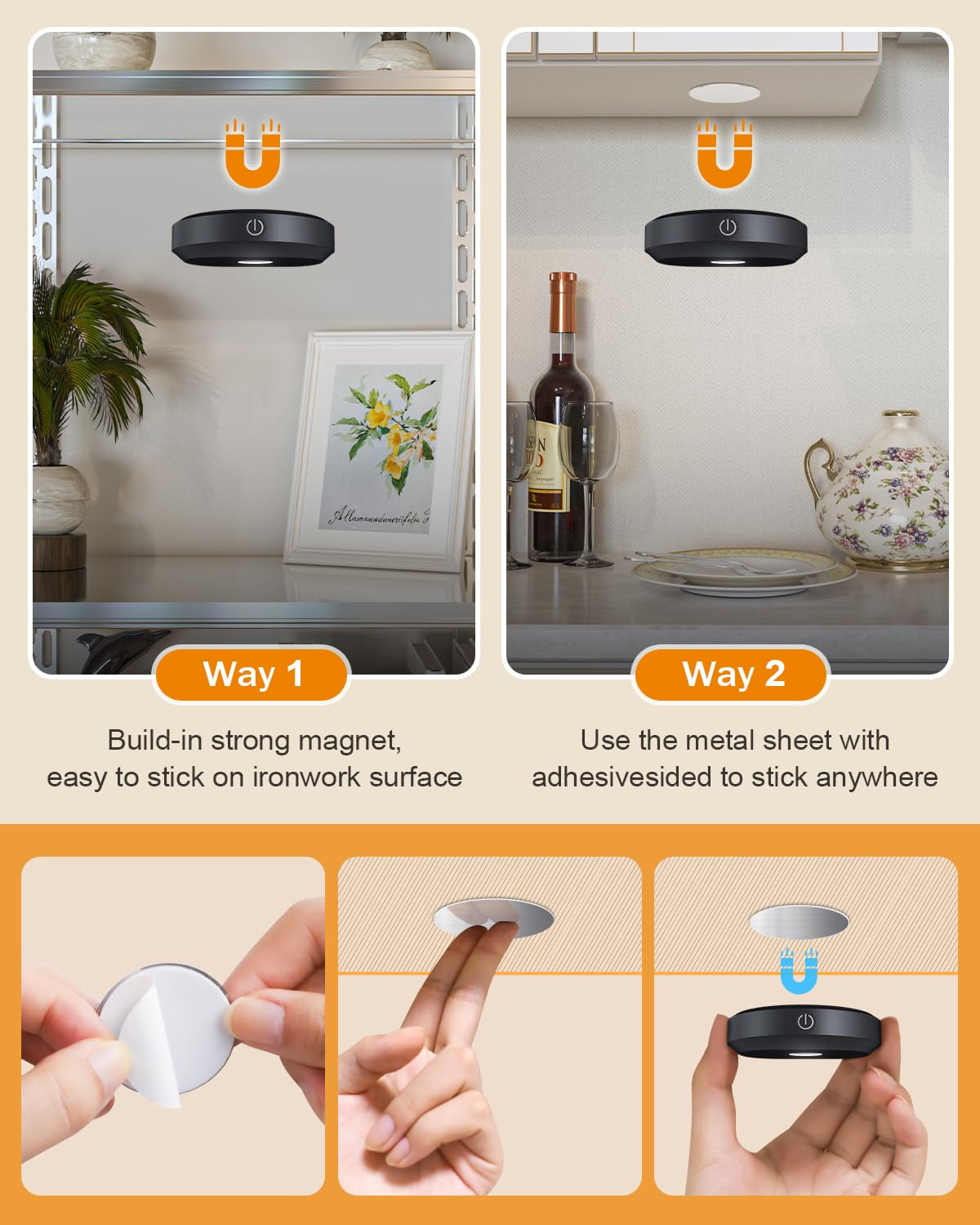 WILLED 6 Pack Rechargeable RGB Puck Lights with Remote Control, Wireless LED Tap Lights, Dimmable, 9 Colors, Timer Function, Under Cabinet Lighting for Kitchen, Closet, Counter, Shelf