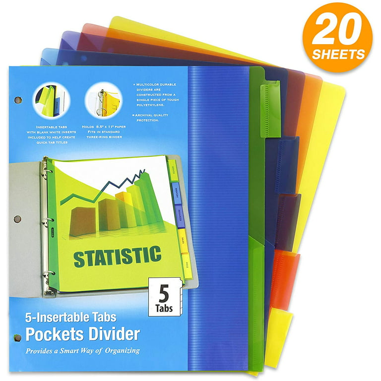 3 Ring Binder Pockets Dividers with 5 Insertable Color Tabs with White Inserts Included to Help Create Quick Tab Titles for School, College, Office Accessories (Pack of 4) - by Emraw - Walmart.com