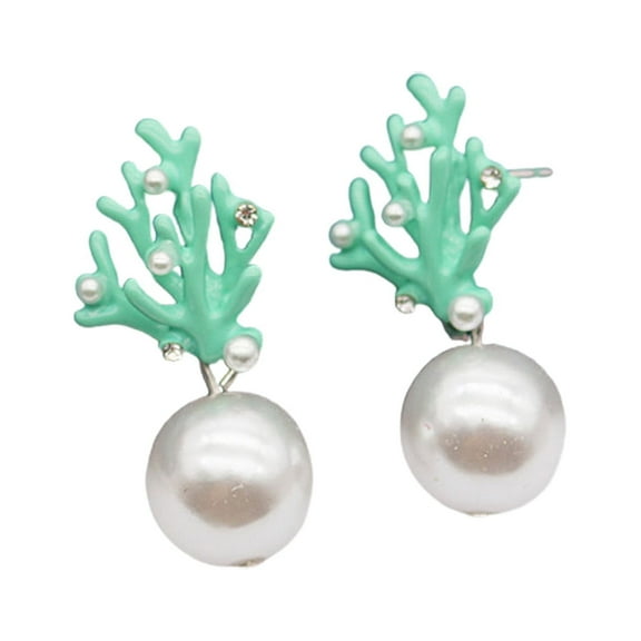 Opolski 1 Pair Ear Studs Coral Shape Faux Pearl Jewelry Cute All Match Lightweight Stud Earrings for Dating