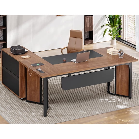 63" L Shaped Executive Desk with Mobile File Cabinet, Modern Corner Computer Desk with Power Outlets, Desk Business Workstation Set, Walnut